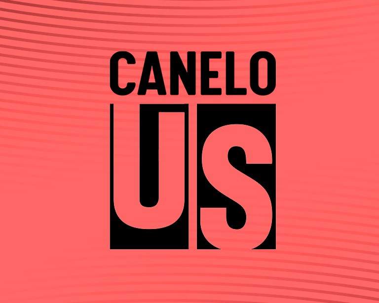 Canelo US logo against a patterned salmon background